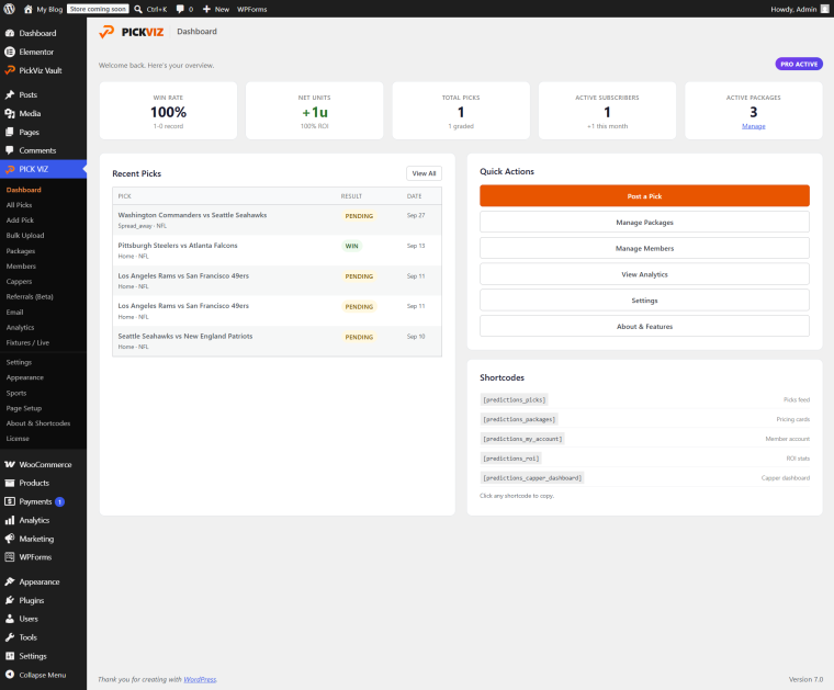 PickViz plugin admin dashboard