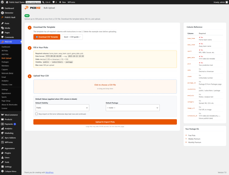 Bulk CSV pick upload panel