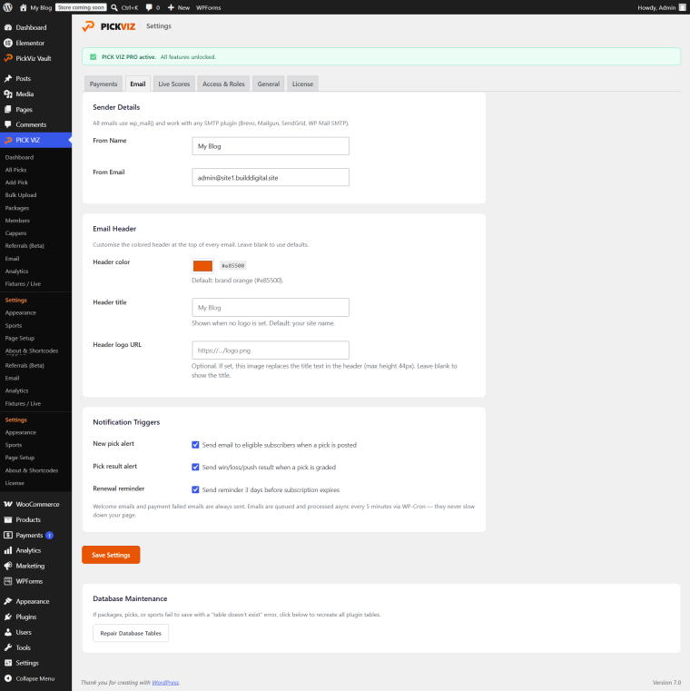 Automated email notification settings
