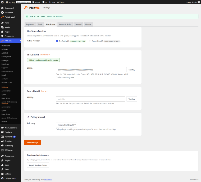 Live score and API settings for automated settlement