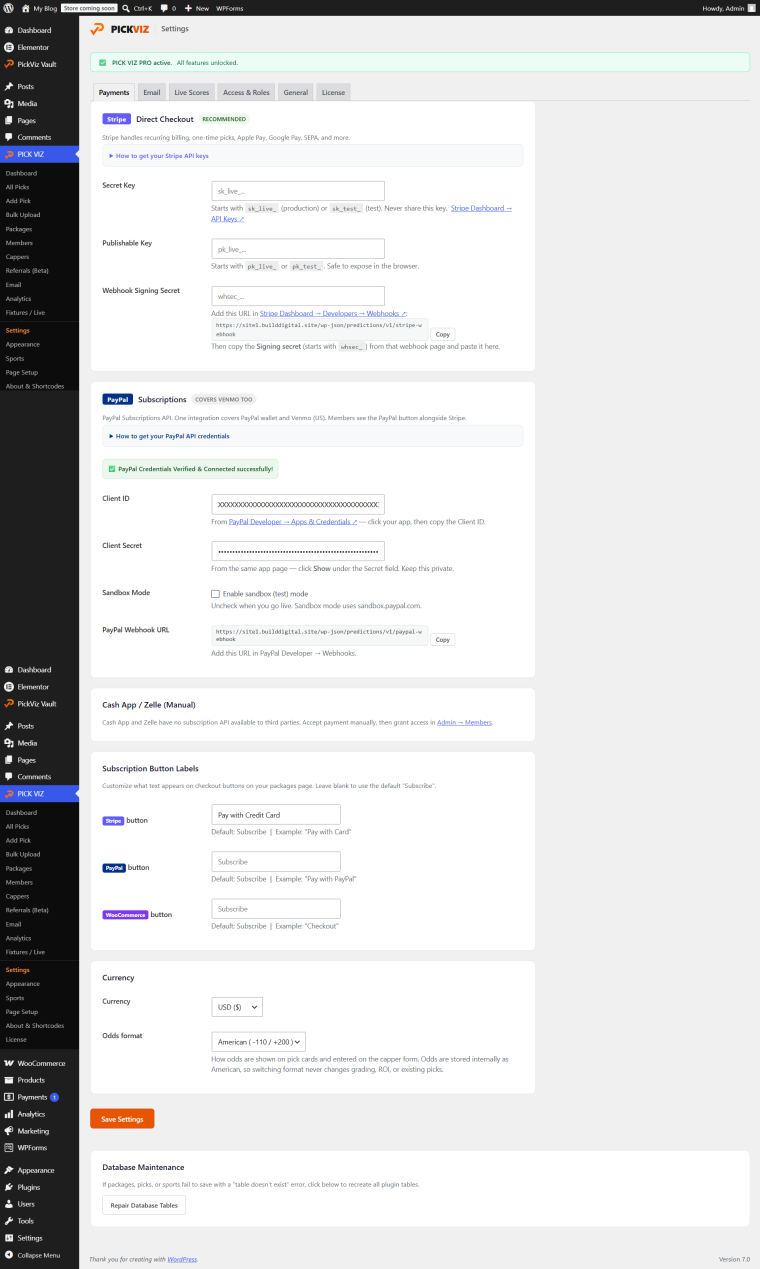 Stripe and PayPal payment settings