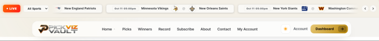 Vault theme live sports ticker in light mode showing team fixtures and odds