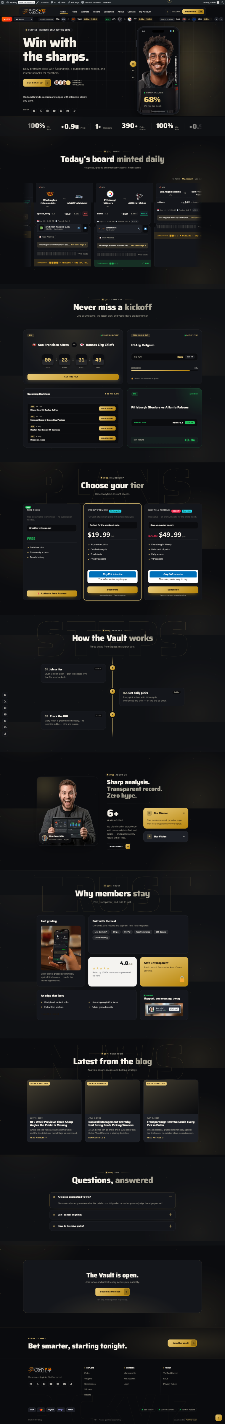 Sports tipster website template home page in dark mode