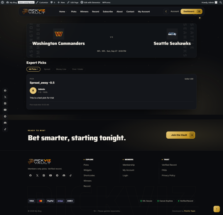 Vault theme individual pick page template with expert picks and matchup header