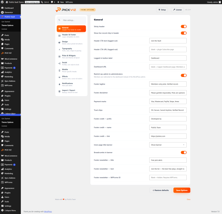 Vault theme options panel