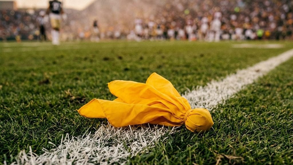 A close-up view of a yellow penalty flag resting on the field yard line, showing the play-by-play situations DVOA football evaluates