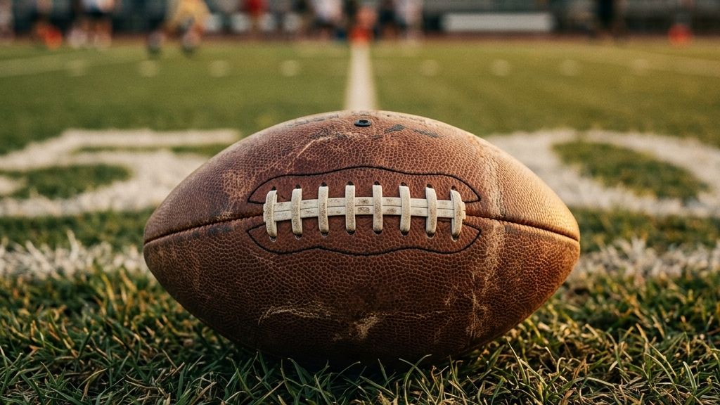 A close-up of a football resting on the turf at the line of scrimmage, showing the starting state for Expected Points Added calculations