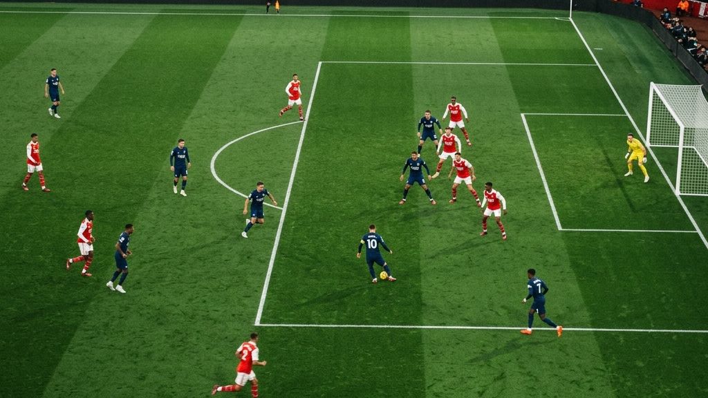 Overhead tactical view of players positioned on a soccer pitch, showing the spatial layout used to calculate expected goals xG