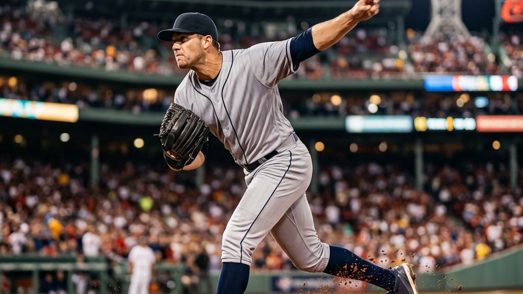 An anonymous baseball pitcher on the mound in mid-throw, showcasing the focus on fielding independent pitching stats