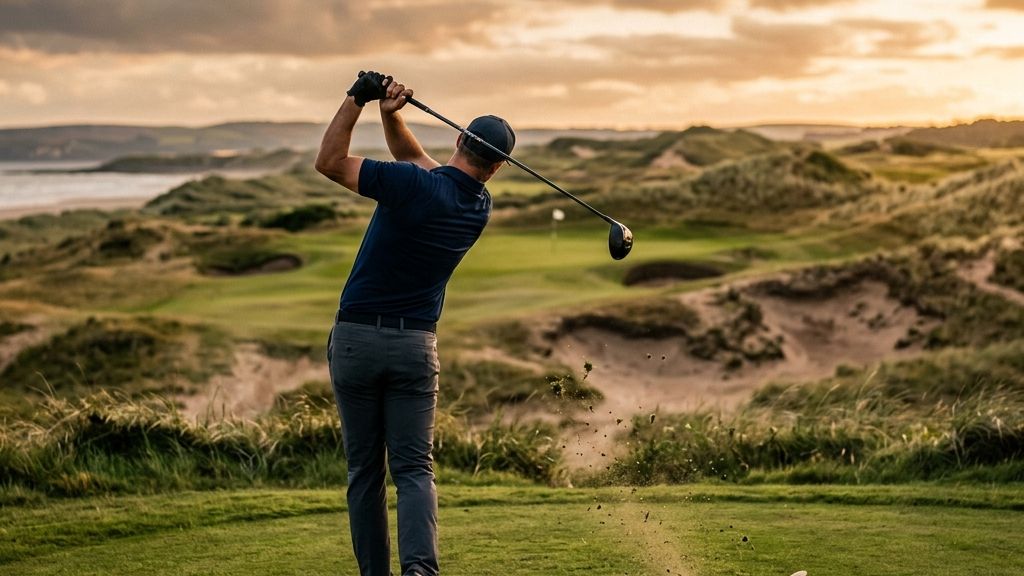 An anonymous professional golfer hitting a drive off the tee under dramatic sky at Royal Birkdale during the Ryan Fox Open Championship 2026 victory