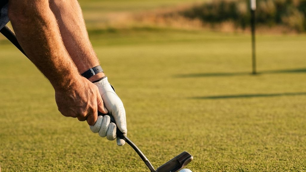 A close-up of a golfer's putter contacting a golf ball on a green, representing the putting performance key to the Ryan Fox Open Championship 2026 win