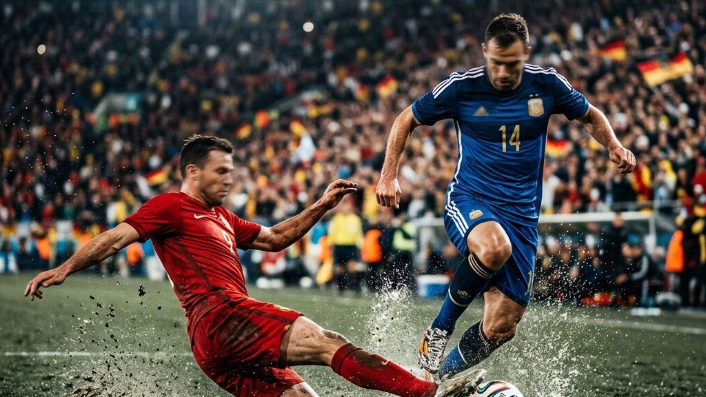 Two soccer players contesting for the ball under stadium floodlights during the Spain vs Argentina World Cup Final
