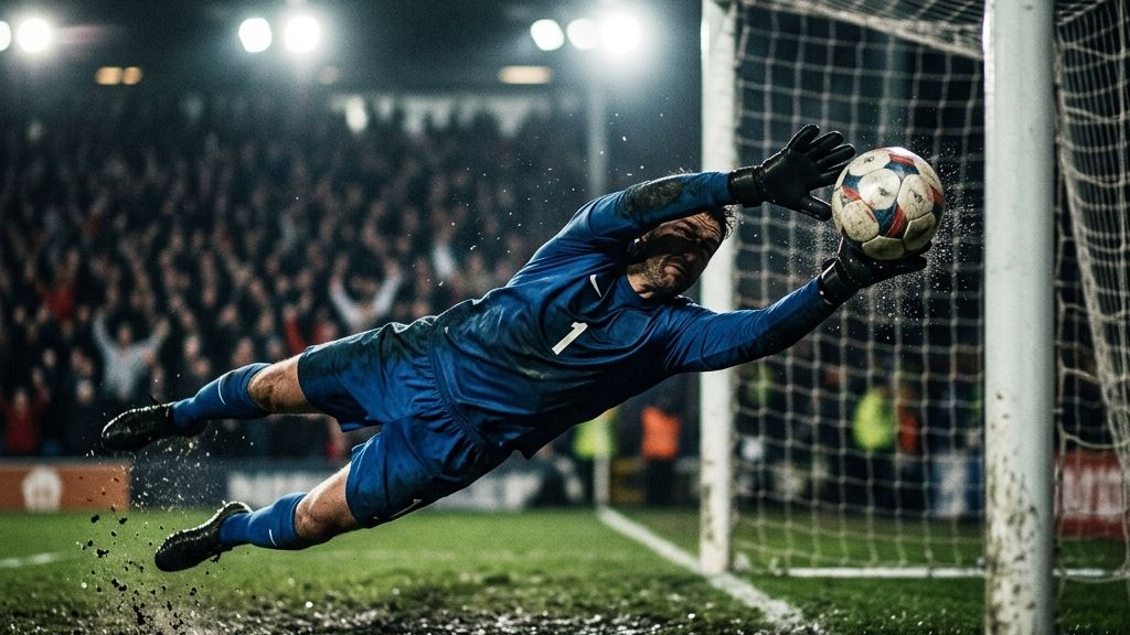 An anonymous goalkeeper diving horizontally to make a save, reflecting the 11 saves made in the Spain vs Argentina World Cup Final