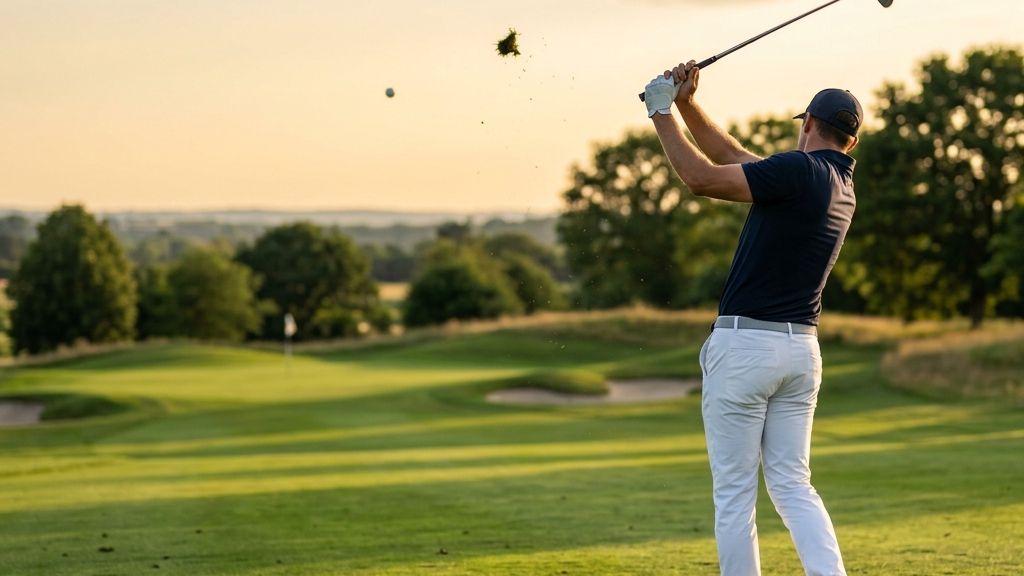 An anonymous professional golfer hitting a precise iron approach shot from the fairway, demonstrating the concept of Strokes Gained golf stats