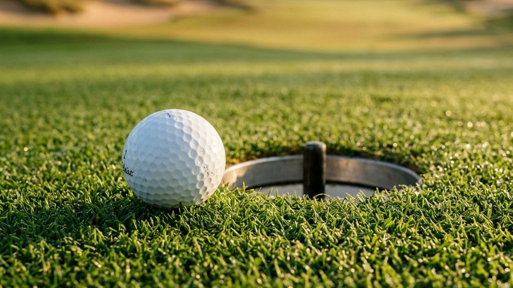A close-up of a golf ball sitting on a green near the cup, showing the target area used in Strokes Gained golf putting calculations