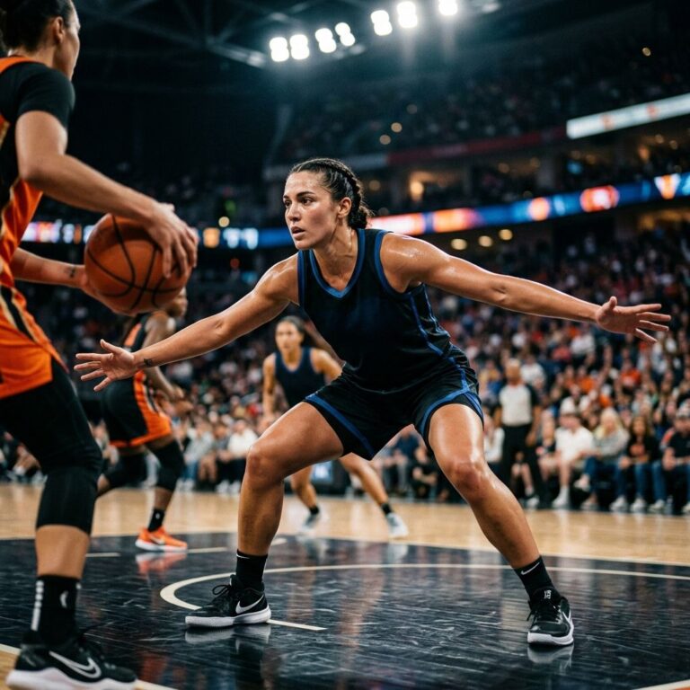 Anonymous female basketball player in defensive stance under arena lights, representing the Golden State Valkyries defense