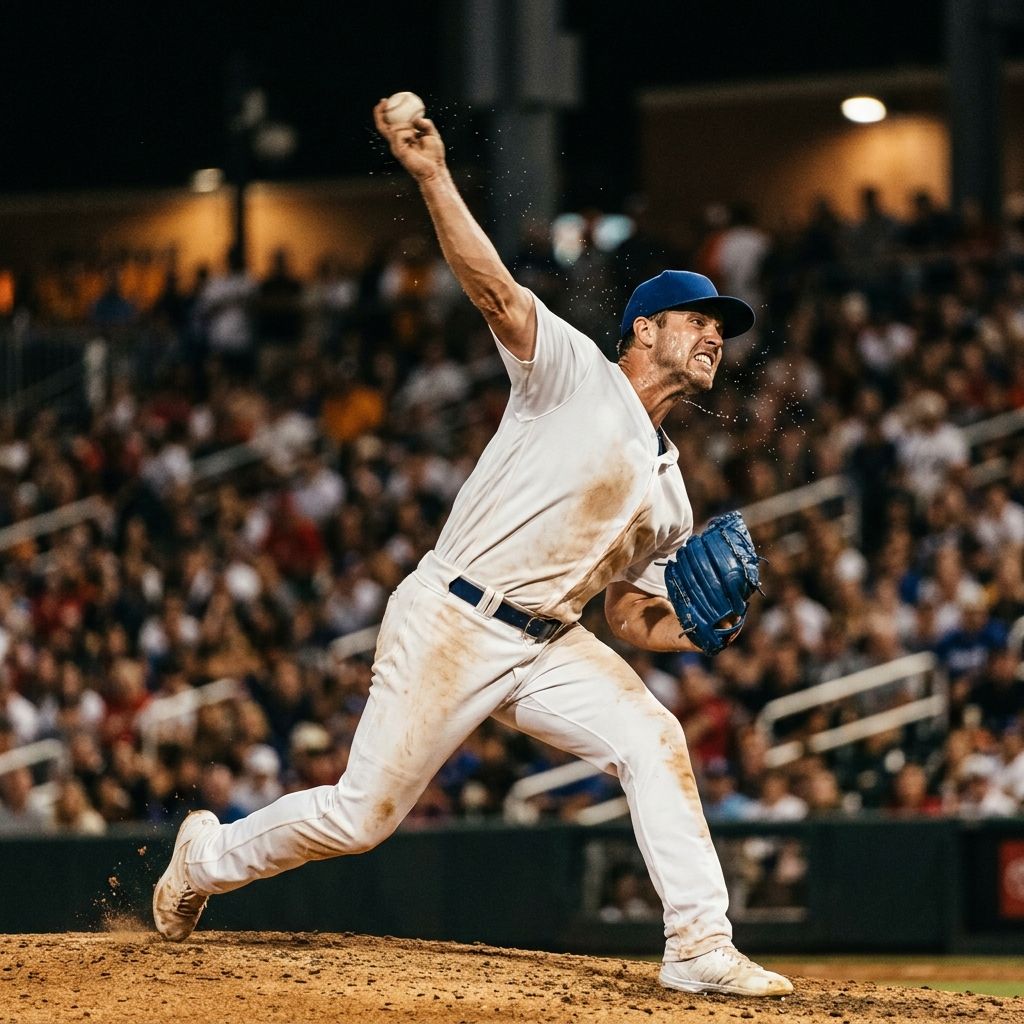 Anonymous baseball pitcher at peak delivery under stadium floodlights, illustrating the intensity behind the Jacob Misiorowski cutter