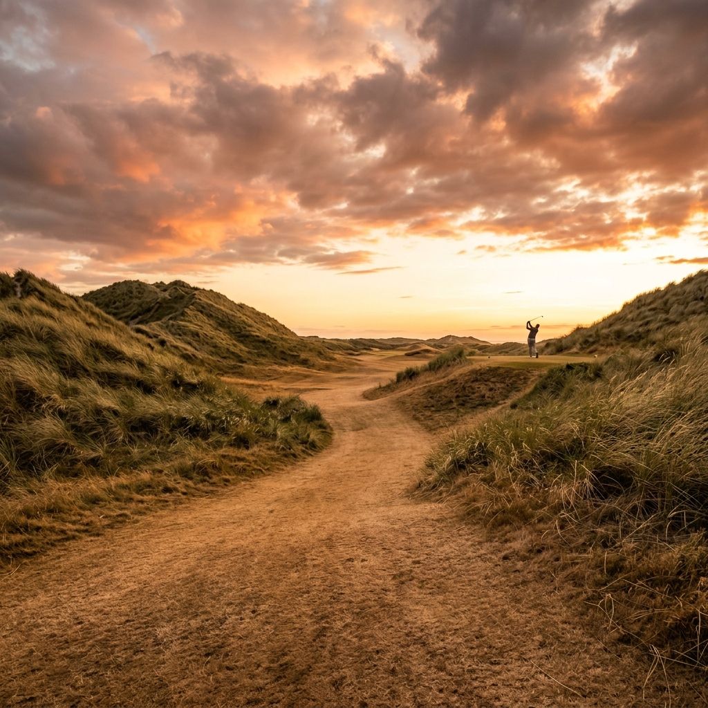 Sun-scorched links fairway through sand dune valley at golden hour, illustrating the Royal Birkdale scoring record conditions