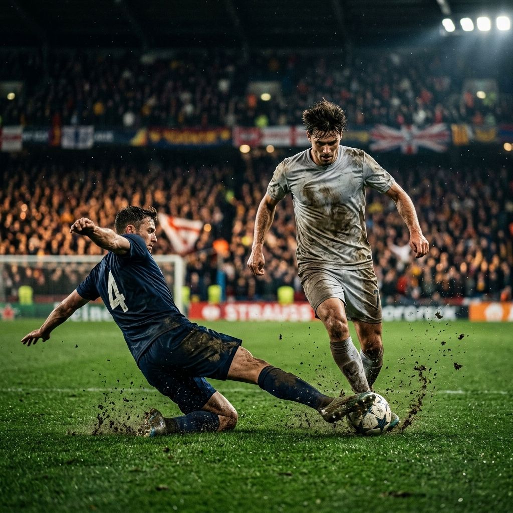 Two soccer players in a tense 1-on-1 duel under stadium floodlights, capturing the intensity of the Spain vs Argentina World Cup Final