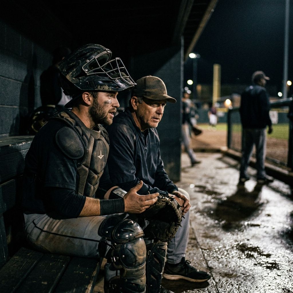 A generic baseball manager looking on from the dugout during a night game, analyzing a recent Tarik Skubal pitch mix change.