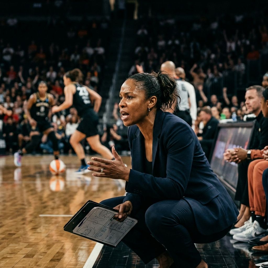 WNBA coach crouching on the sideline gesturing toward the court, illustrating the coaching behind the Golden State Valkyries defense