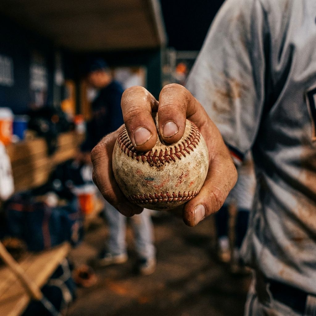 Close-up of a pitcher's hand gripping a baseball in a cutter grip, showing the finger placement central to the Jacob Misiorowski cutter