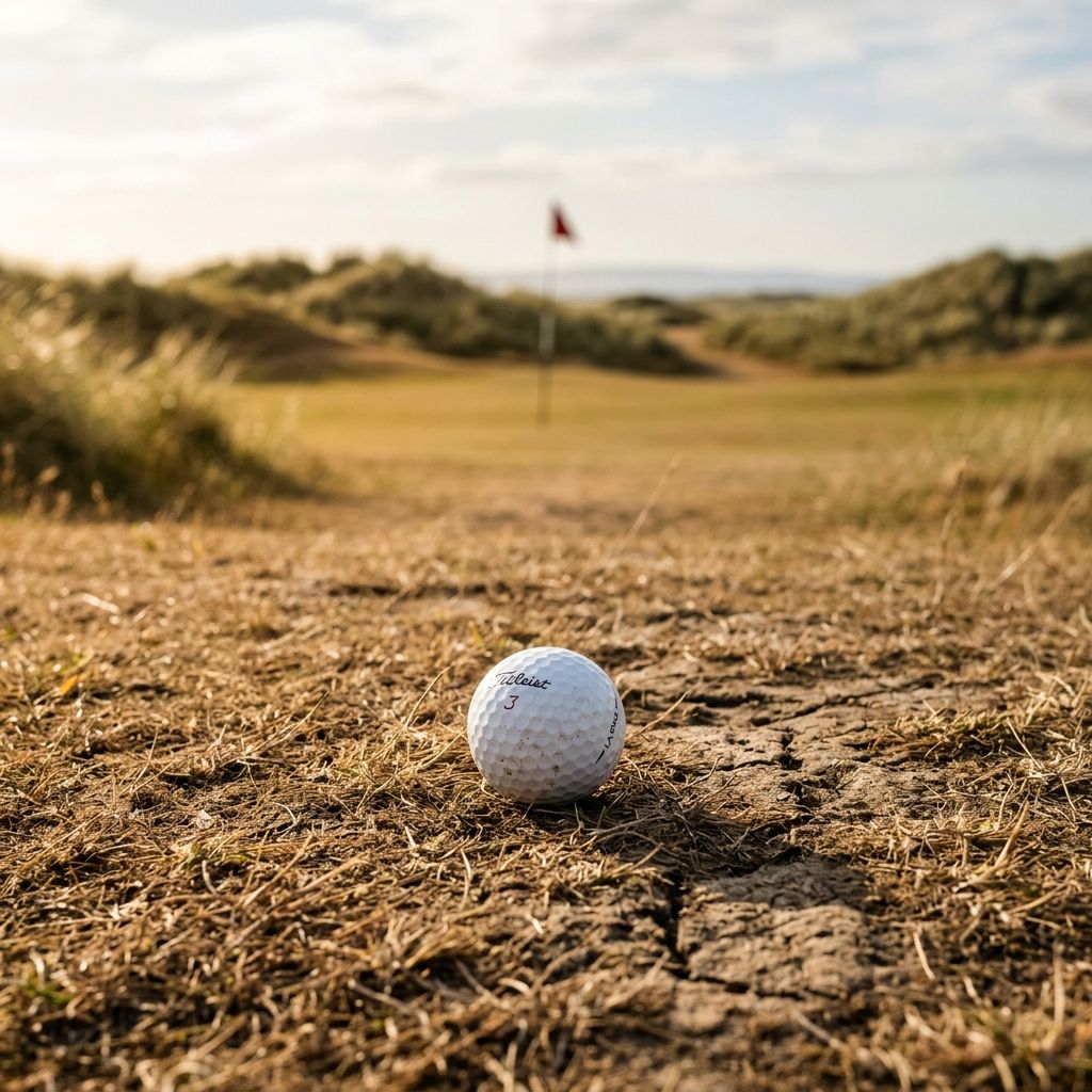 Golf ball on firm sun-baked links fairway with sand dunes in background, showing the dry conditions behind the Royal Birkdale scoring record