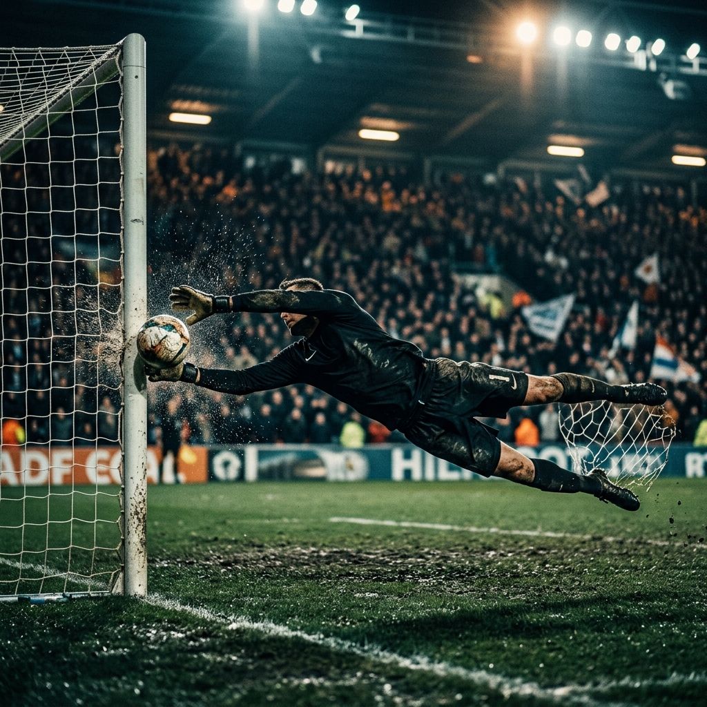 Goalkeeper making a dramatic diving save at full stretch, representing the defensive record central to the Spain vs Argentina World Cup Final