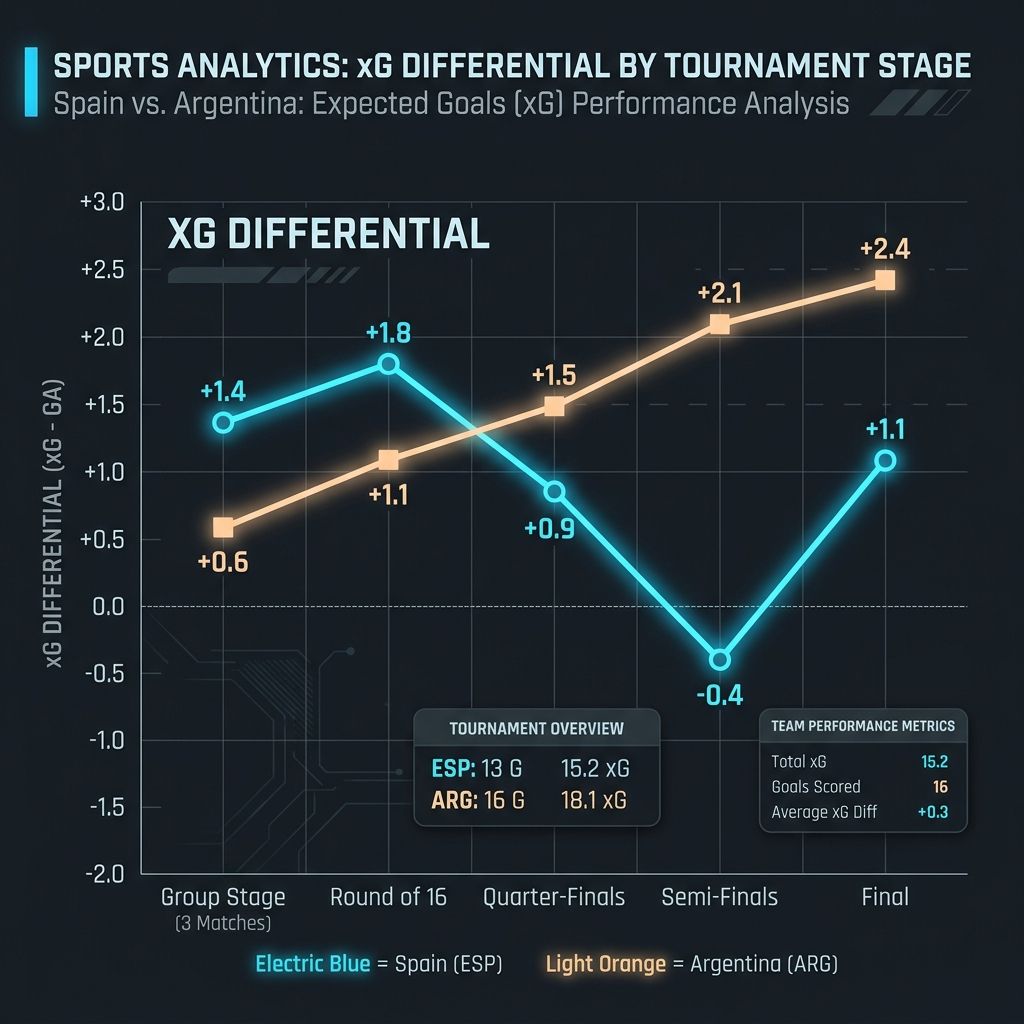 Inline analytics line chart comparing Spain and Argentina xG stage by stage