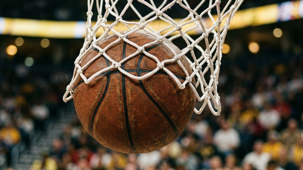 A close-up of a basketball passing through a clean white net during a match, representing the ended possession key to the Usage Rate basketball calculation